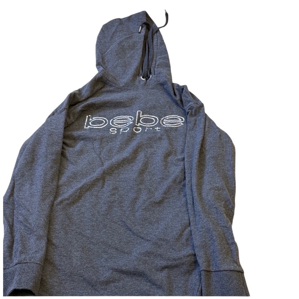 Bebe Sport Women Charcoal Gray sequin Logo Pullover Hoodie Sweatshirt dress S - Picture 2 of 4